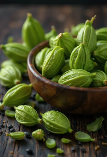 Biji kapulaga hijau kering di atas meja kayu dapur