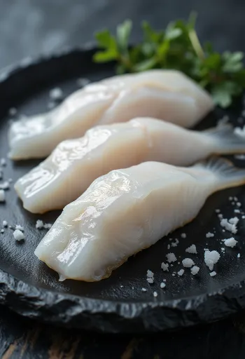 Fillet ikan pollock alaska segar di atas talenan