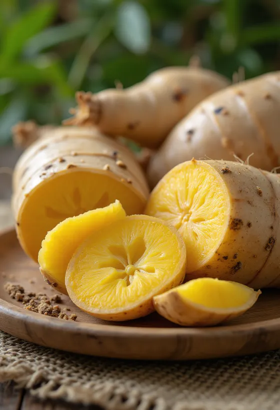 Irisan ubi arracacha segar di atas talenan