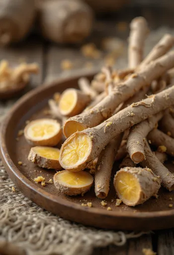 Potongan akar manis kering yang diiris, di atas meja kayu