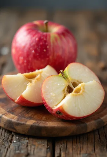 Apel Idared merah cerah utuh dan irisan di atas talenan
