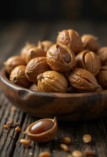 Biji kacang okari di atas meja kayu dapur