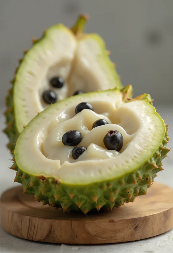 Buah cherimoya utuh dan belah, kulit hijau dan daging putih creamy