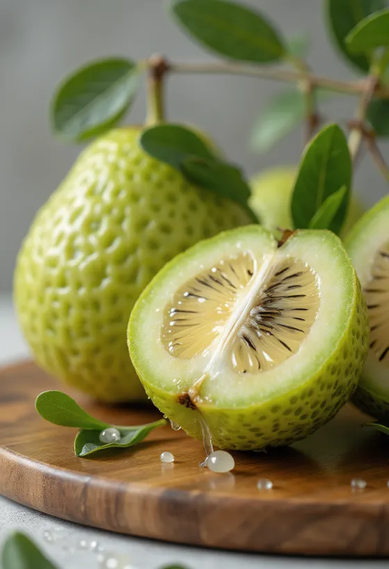 Buah feijoa, kulit hijau dan bagian dalam yang berair