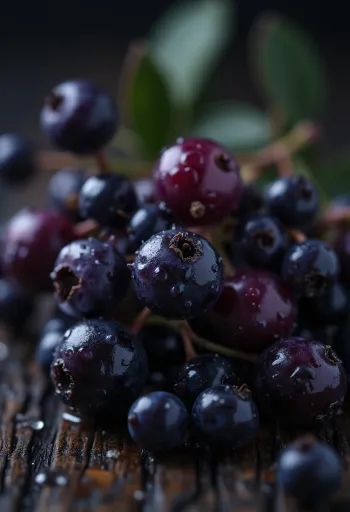 Buah elderberry hitam, warna ungu tua cerah dan permukaan sedikit mengkilap