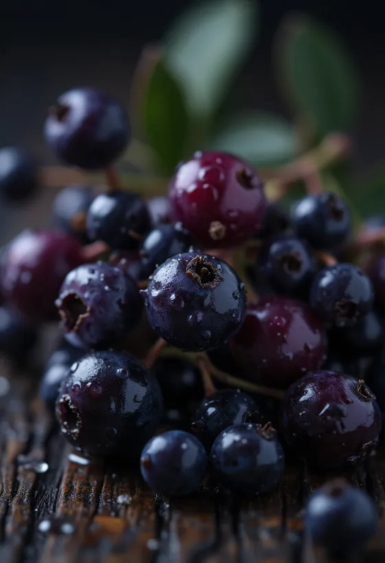 Buah elderberry hitam, warna ungu tua cerah dan permukaan sedikit mengkilap