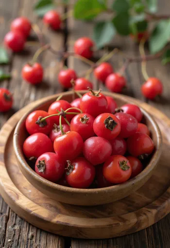 Buah hawthorn segar berwarna merah cerah dengan permukaan sedikit mengilap