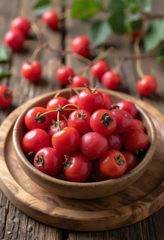 Buah hawthorn segar berwarna merah cerah dengan permukaan sedikit mengilap