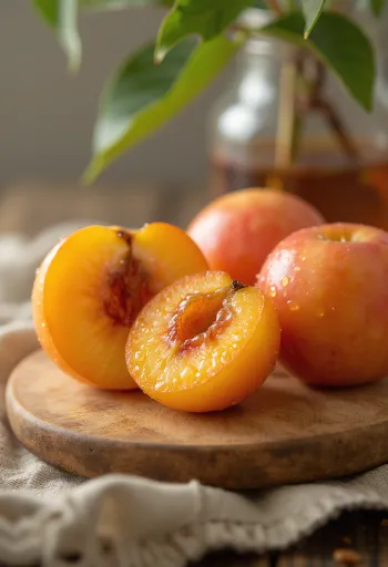 Irisan buah plum Jepang (Ume) segar dengan daging buah kuning kehijauan