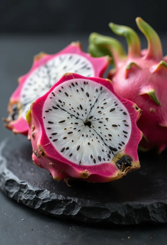Potongan buah naga daging putih dengan biji hitam kecil