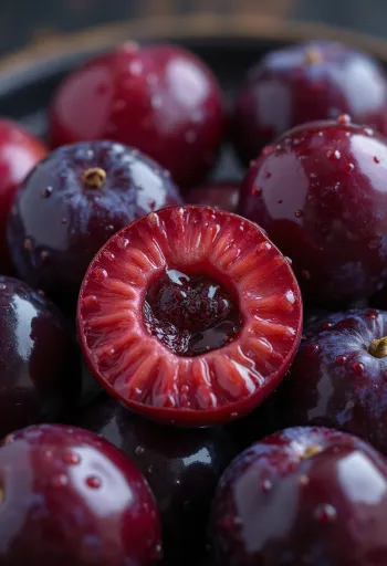 Irisan Plum Merah, daging merah cerah close-up, menonjolkan tekstur buah yang berair