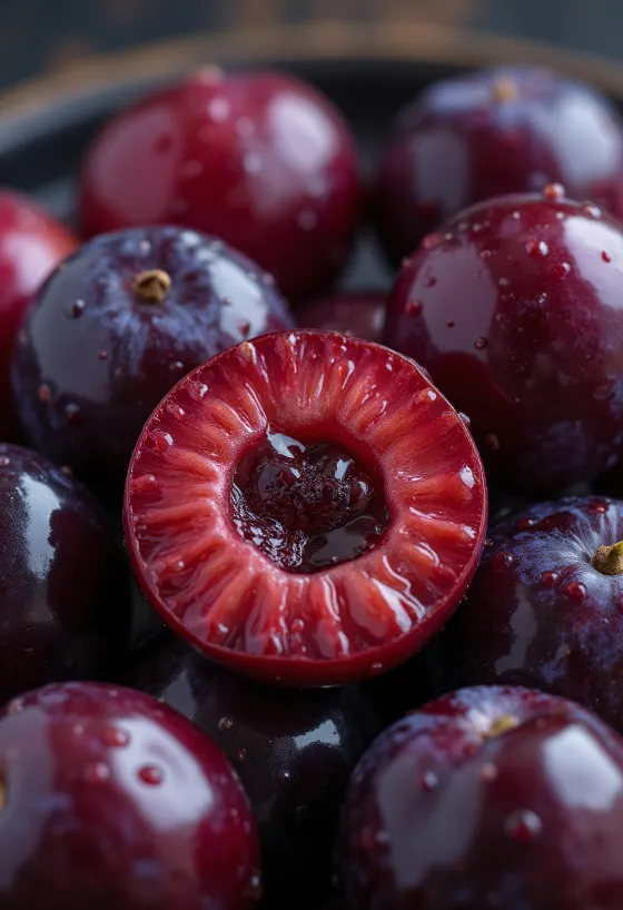 Irisan Plum Merah, daging merah cerah close-up, menonjolkan tekstur buah yang berair