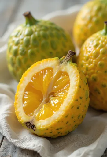 Buah Ugli dengan kulit hijau kekuningan dan daging oranye segar