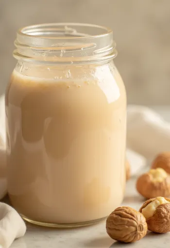 Susu kacang hazel dituangkan ke gelas, didampingi kacang hazel dalam mangkuk dan tersebar