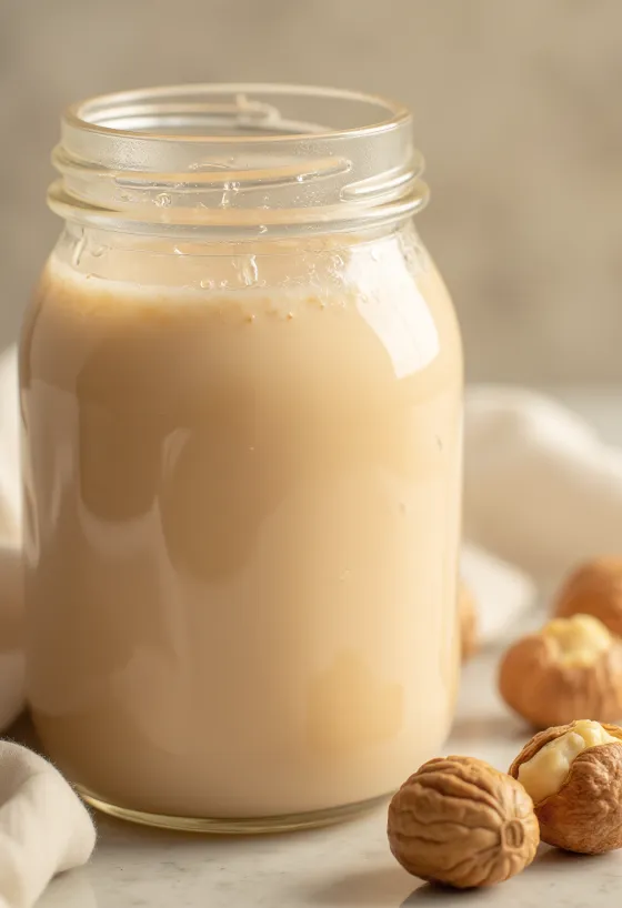 Susu kacang hazel dituangkan ke gelas, didampingi kacang hazel dalam mangkuk dan tersebar