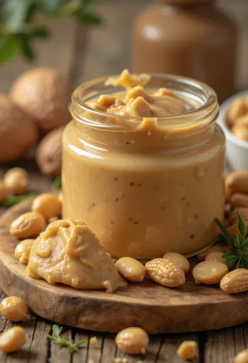 Selai kacang creamy dalam toples, didampingi kacang tanah