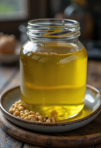Minyak biji sawi dalam botol kecil, dikelilingi biji sawi