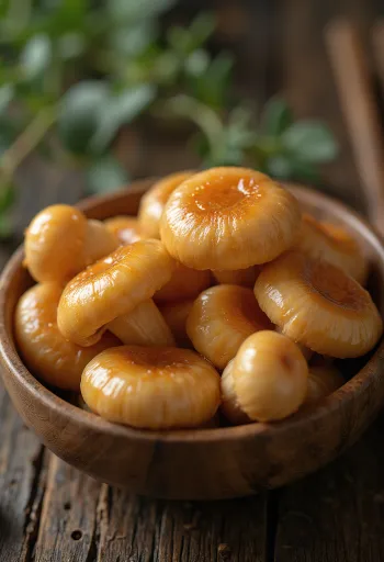 Jamur nameko yang sudah dibersihkan dan disiapkan di atas talenan kayu