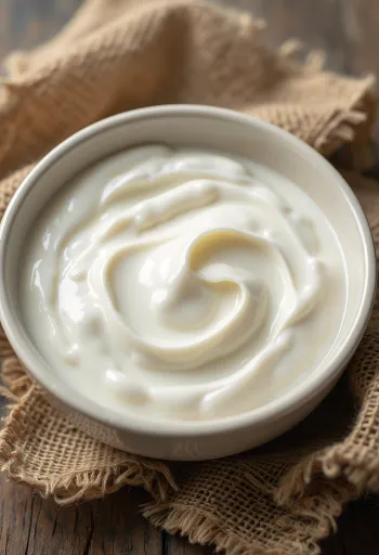 Yogurt plain dalam mangkuk kecil, tekstur putih creamy