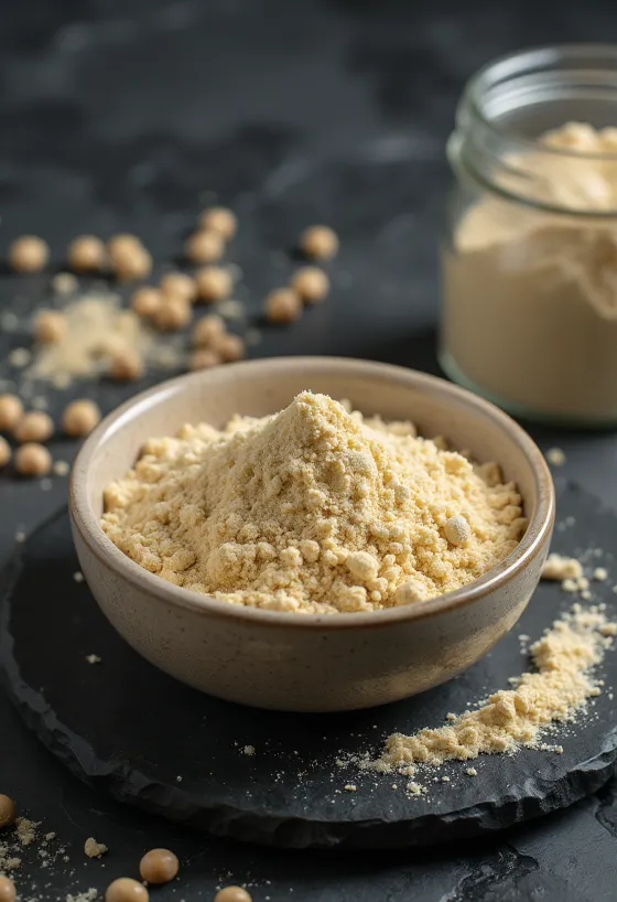 Bubuk protein kacang polong warna krem di mangkuk dengan kacang polong kuning