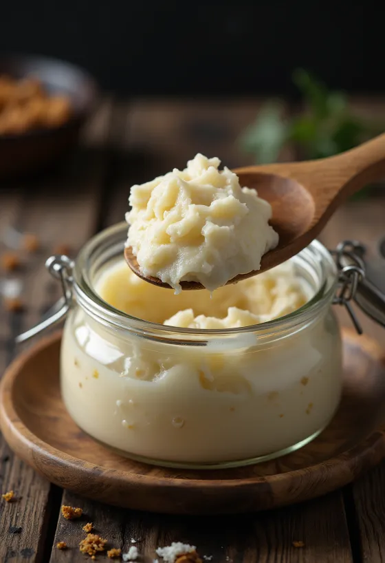 Lemak bebek mentah dalam mangkuk kaca, dikelilingi potongan lemak bersih