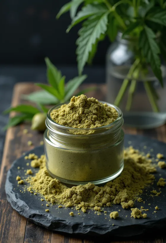 Bubuk protein rami mentah dalam mangkuk, disandingkan dengan biji rami