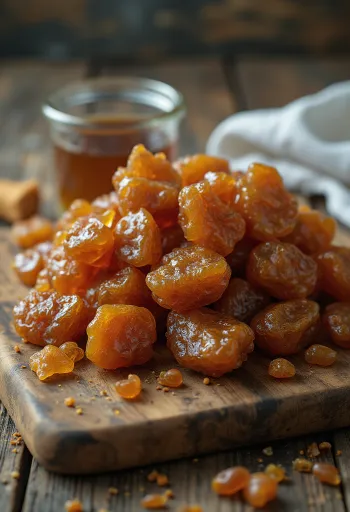 Potongan propolis mentah di atas permukaan kayu, tampilan alami