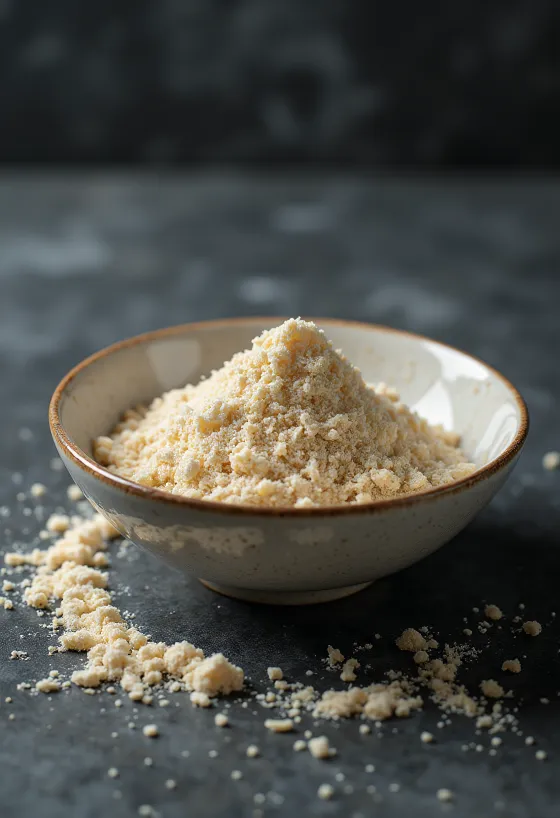 Bubuk protein beras mentah berwarna krem dalam mangkuk dengan beras merah