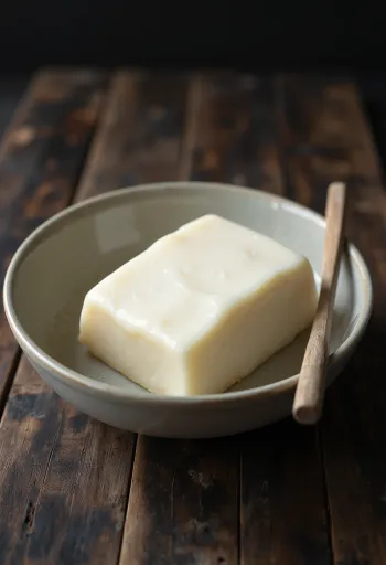 Lemak babi mentah dalam mangkuk kecil dikelilingi potongan lemak segar
