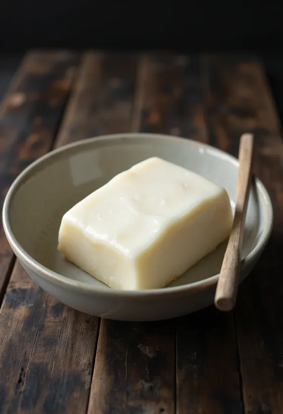 Lemak babi mentah dalam mangkuk kecil dikelilingi potongan lemak segar