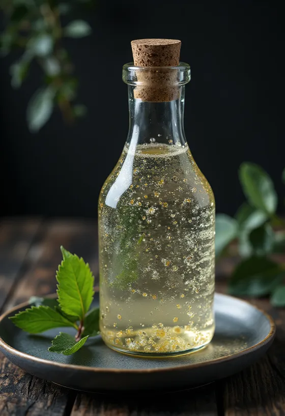 Air pohon birch dalam botol dan gelas, dengan kulit kayu dan ranting birch