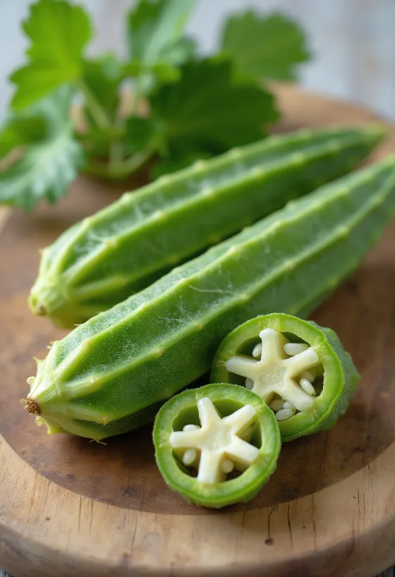 Polong okra segar, diiris dan utuh di atas talenan kayu