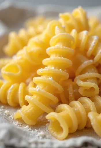 Pasta fusilli kering tersebar dalam bentuk spiral di permukaan kayu