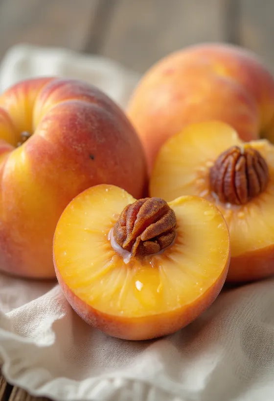 Buah persik utuh dan terbelah di meja rustik yang cerah