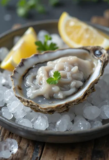 Daging tiram mentah segar di atas es, disajikan dengan lemon dan rempah