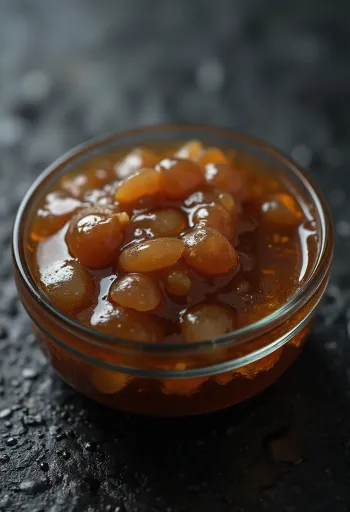 Saus tiram dalam mangkuk keramik, didampingi daging tiram rebus, kecap asin, dan gula