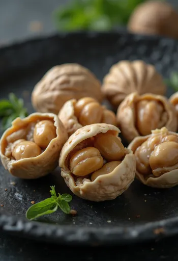 Inti walnut kulit tipis di mangkuk rustik, inti berwarna terang