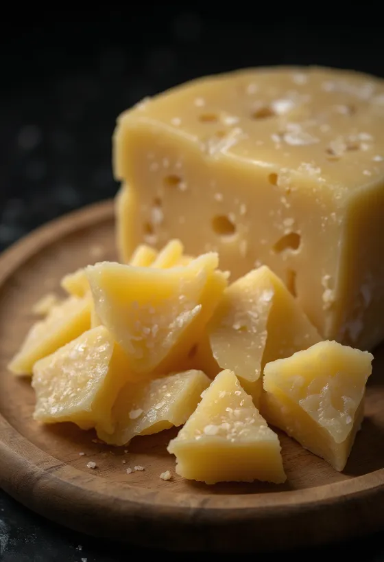 Keju Parmesan iris dan parut di atas talenan kayu