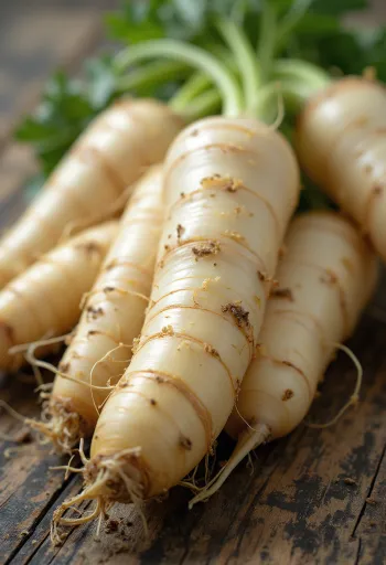 Parsnip segar dengan batang hijau, sebagian diiris di atas talenan
