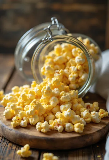 Biji jagung popcorn kering tersebar di permukaan dapur kayu