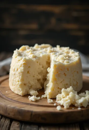 Keju Pecorino Romano segar dalam mangkuk keramik putih di atas meja kayu
