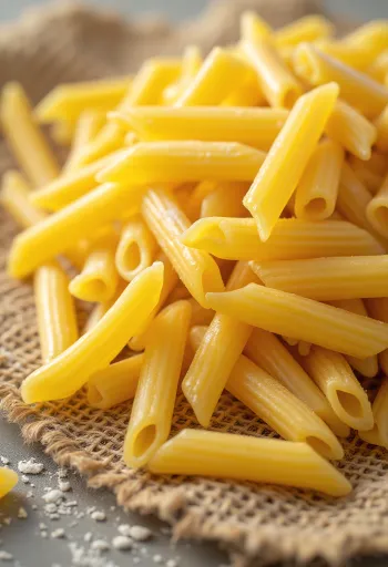 Pasta penne kering dengan tekstur beralur di atas meja kayu