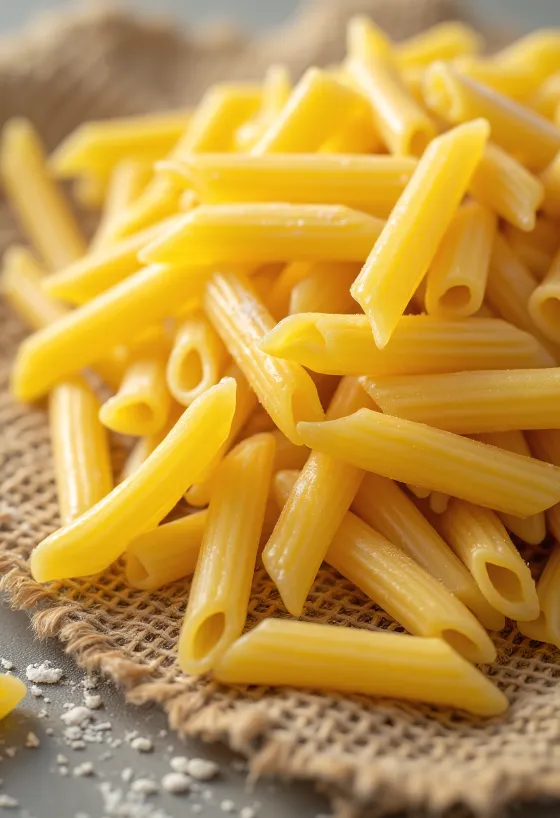 Pasta penne kering dengan tekstur beralur di atas meja kayu