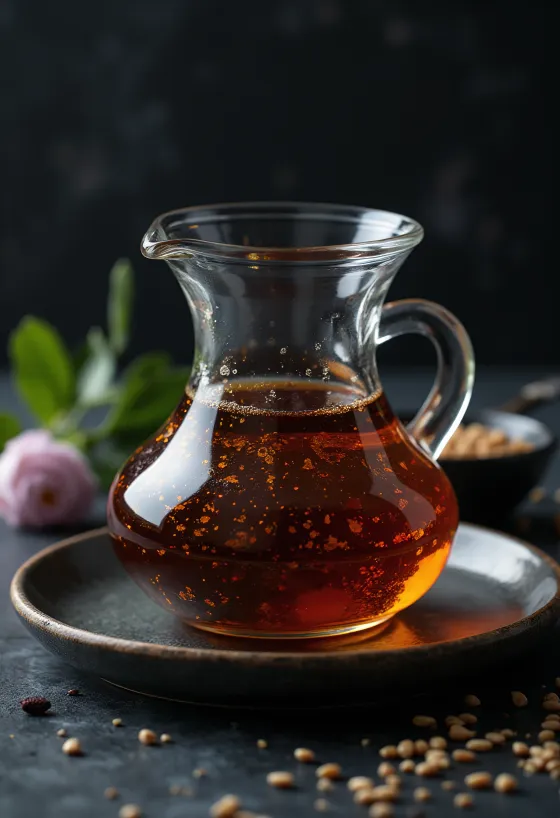 Minyak wijen panggang dalam botol kaca gelap dengan biji wijen sangrai di sampingnya