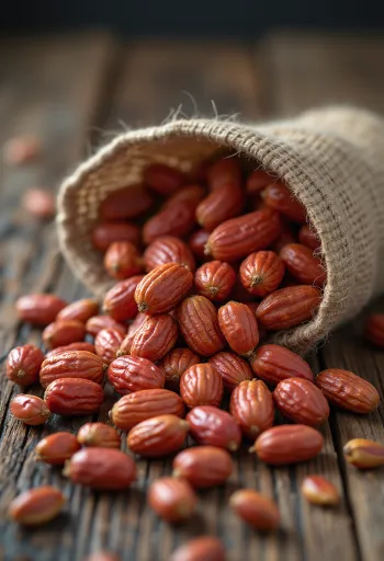 Kacang tanah kulit merah kupas dalam mangkuk rustik dengan cahaya alami