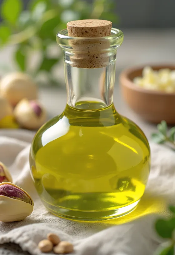 Botol kecil minyak pistachio di samping mangkuk berisi kacang pistachio kupas