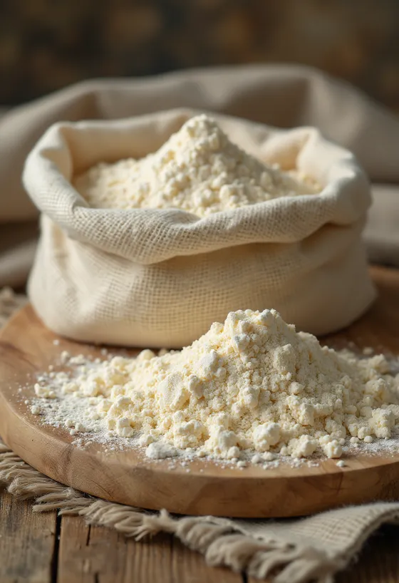 Tepung plantain dalam mangkuk keramik dengan pisang mentah dan irisan kering