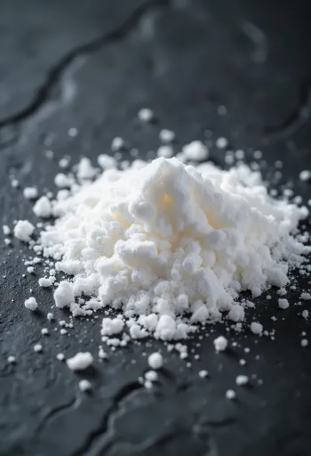Gula halus dalam mangkuk keramik dengan ayakan dan taburan serbuk putih