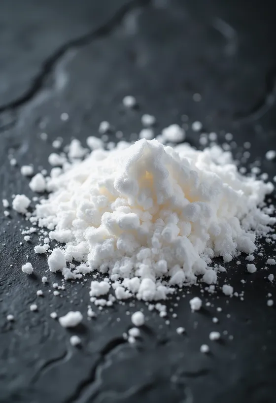 Gula halus dalam mangkuk keramik dengan ayakan dan taburan serbuk putih