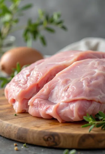 Potongan daging kalkun segar dengan rempah dan bawang putih di talenan kayu